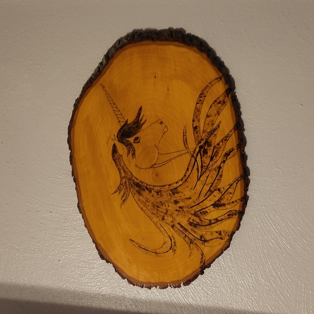 Unicorn wood burned